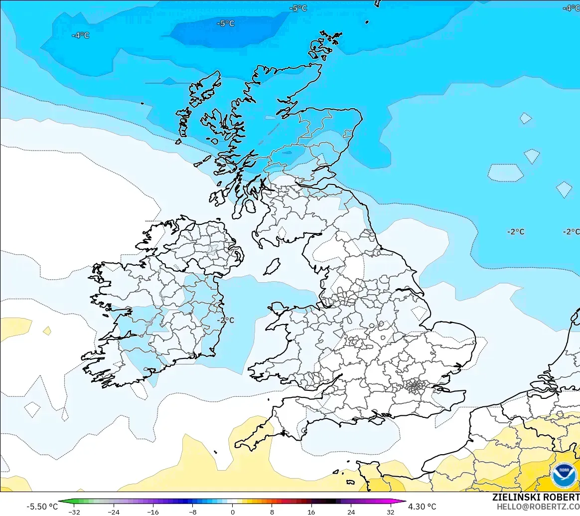 GFS modelo - Reino Unido, Anomalía de temperatura a 850 hPa