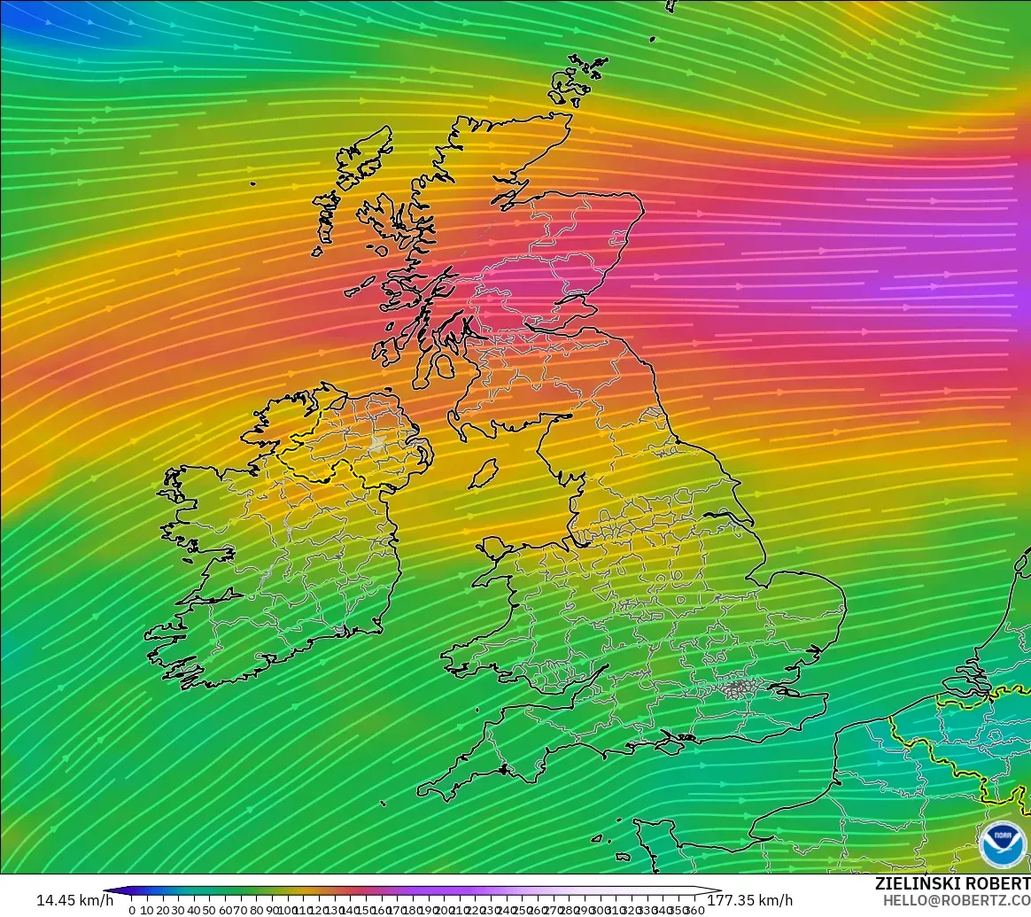 GFS modelo - Reino Unido, Viento a 300 hPa (corriente en chorro)