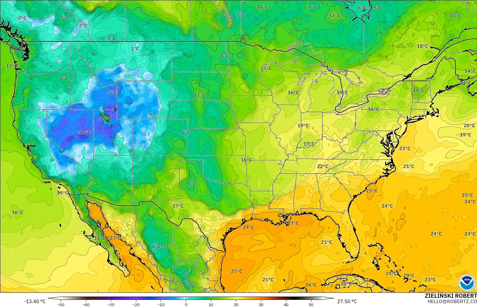 GFS modelo - Estados Unidos, Punto de rocío a 2 m