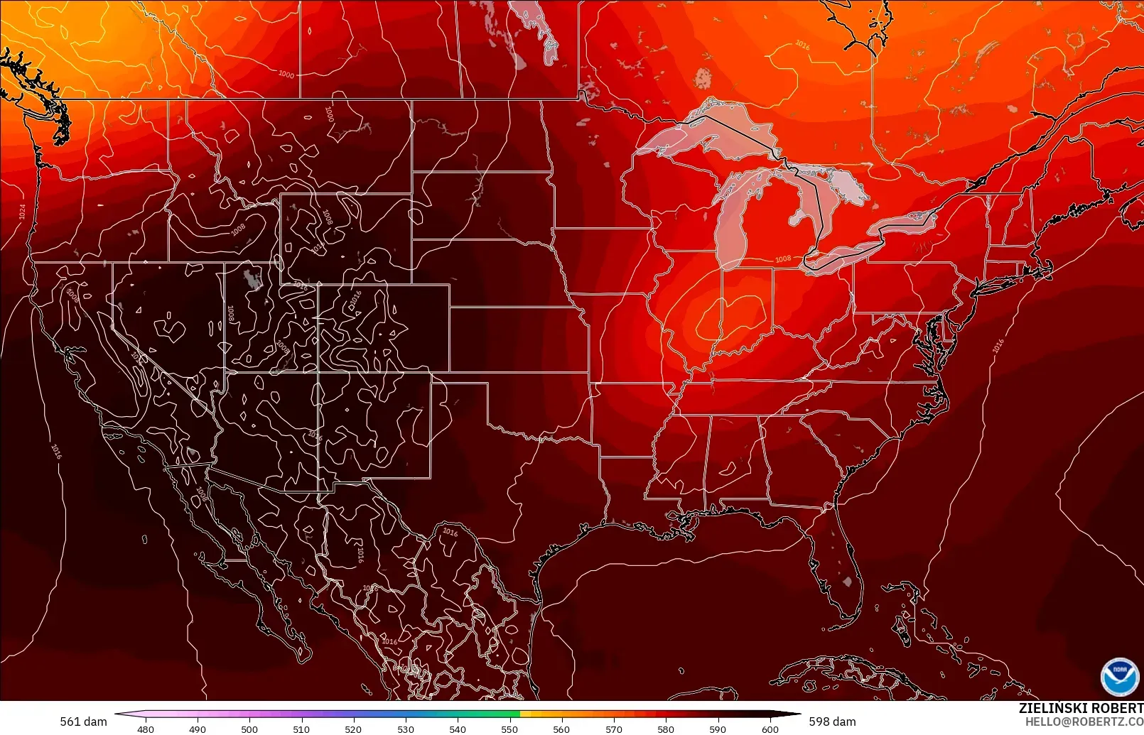 GFS modelo - Estados Unidos, Altura geopotencial a 500 hPa
