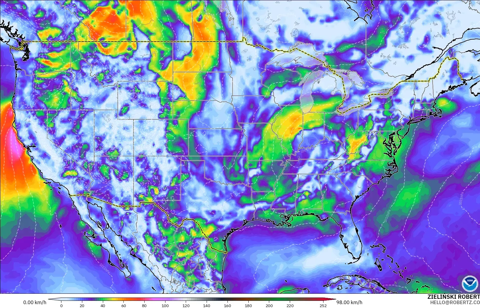 GFS modelo - Estados Unidos, Ráfagas de Viento Máximas