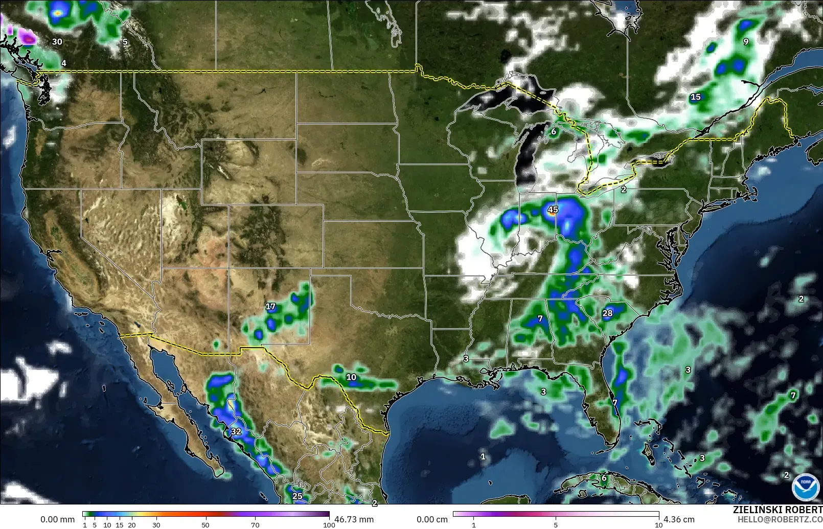 GFS modelo - Estados Unidos, Precipitación, nubes y presión