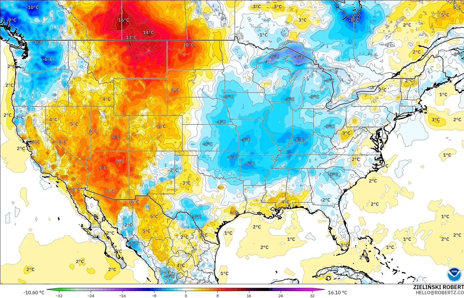 GFS modelo - Estados Unidos, Anomalía de temperatura a 2 m