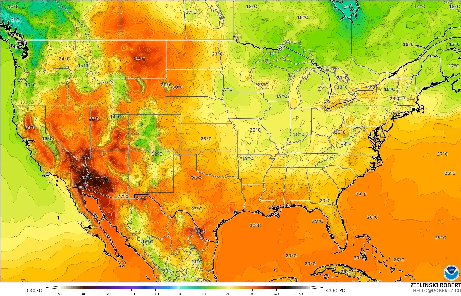 GFS modelo - Estados Unidos, Temperatura a 2 m