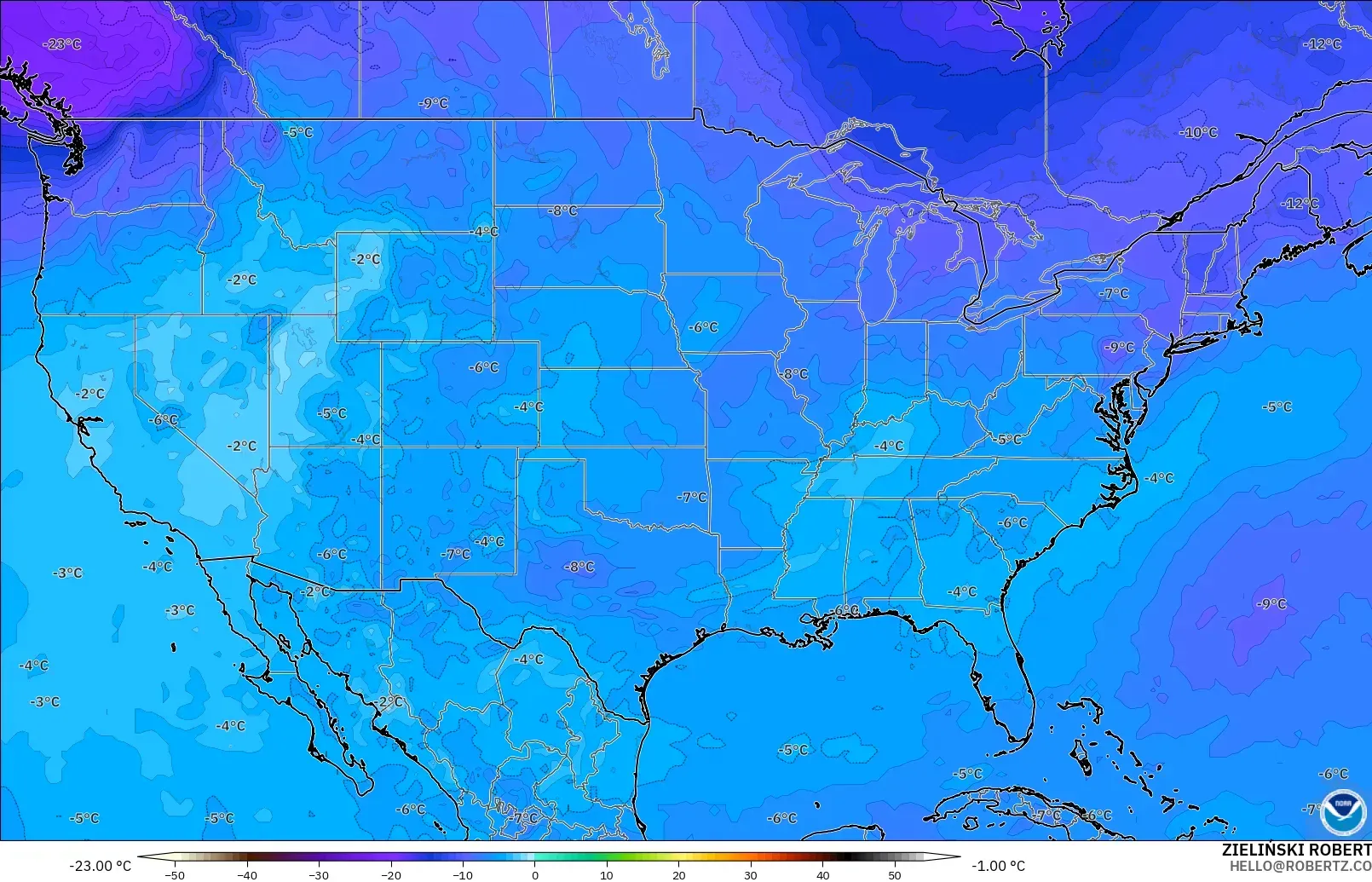 GFS modelo - Estados Unidos, Temperatura a 500 hPa