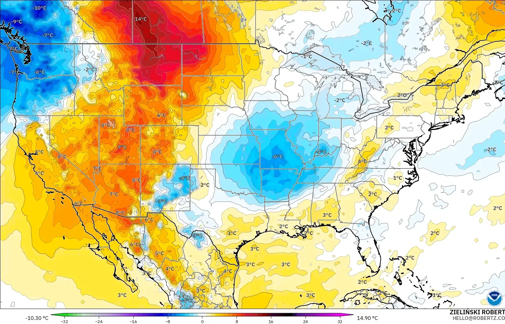 GFS modelo - Estados Unidos, Anomalía de temperatura a 850 hPa