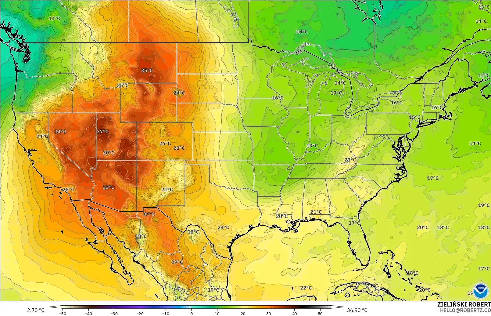 GFS modelo - Estados Unidos, Temperatura a 850 hPa