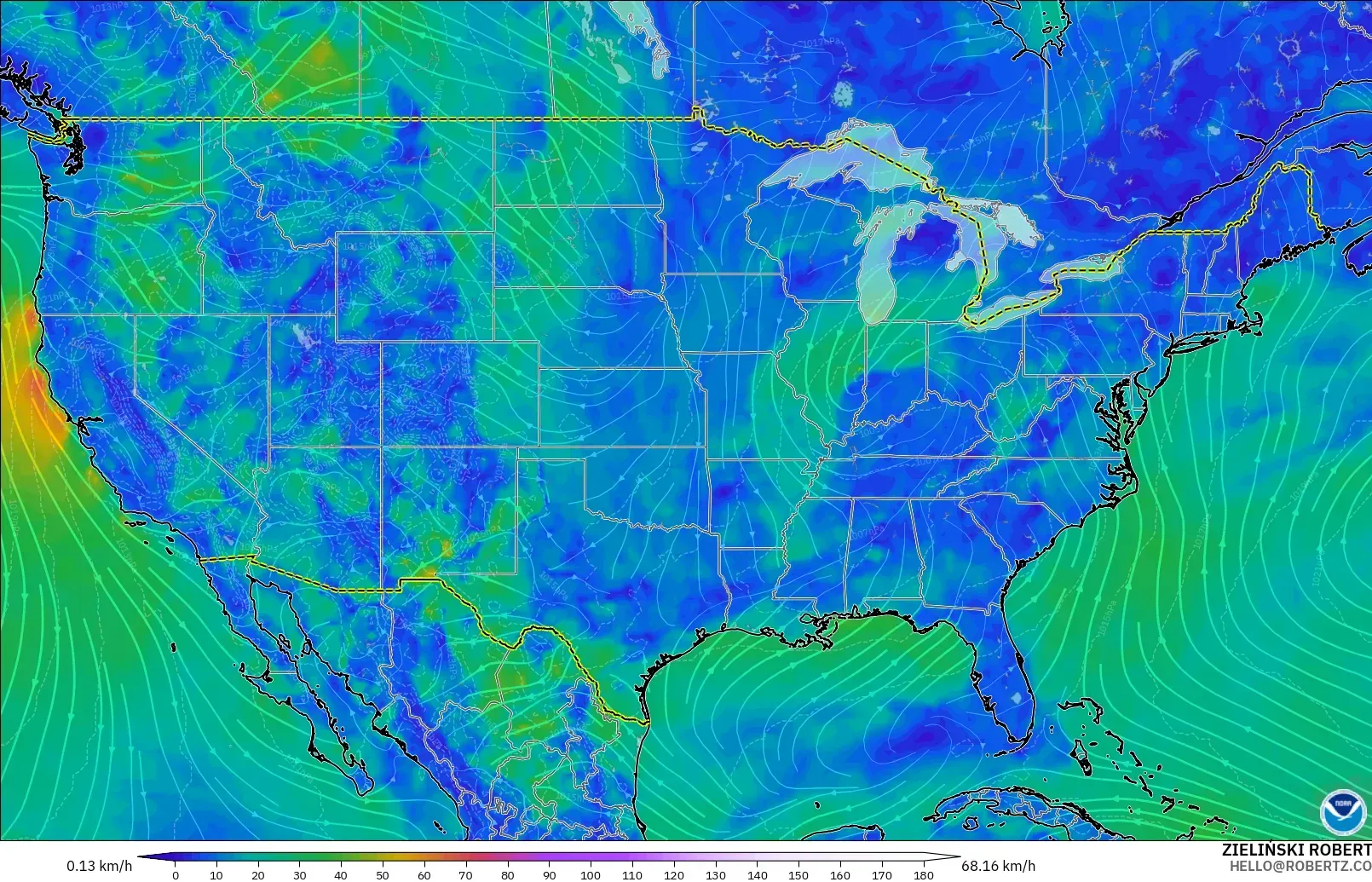 GFS modelo - Estados Unidos, Viento a 10 m
