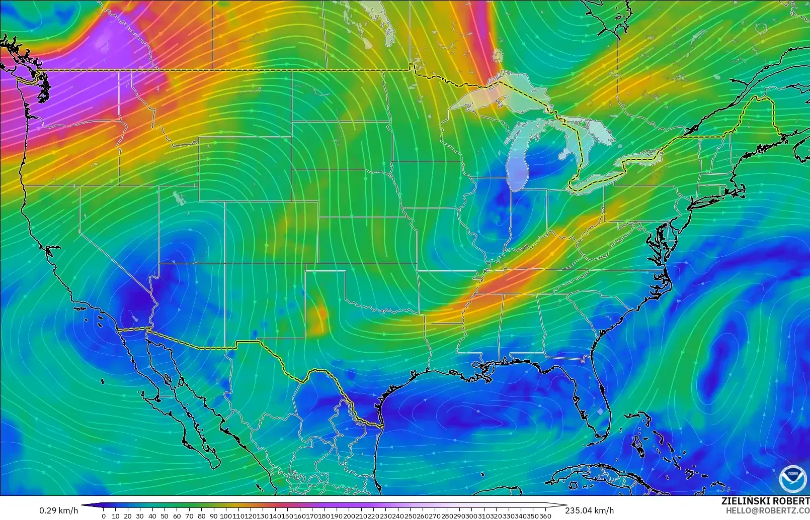 GFS modelo - Estados Unidos, Viento a 300 hPa (corriente en chorro)