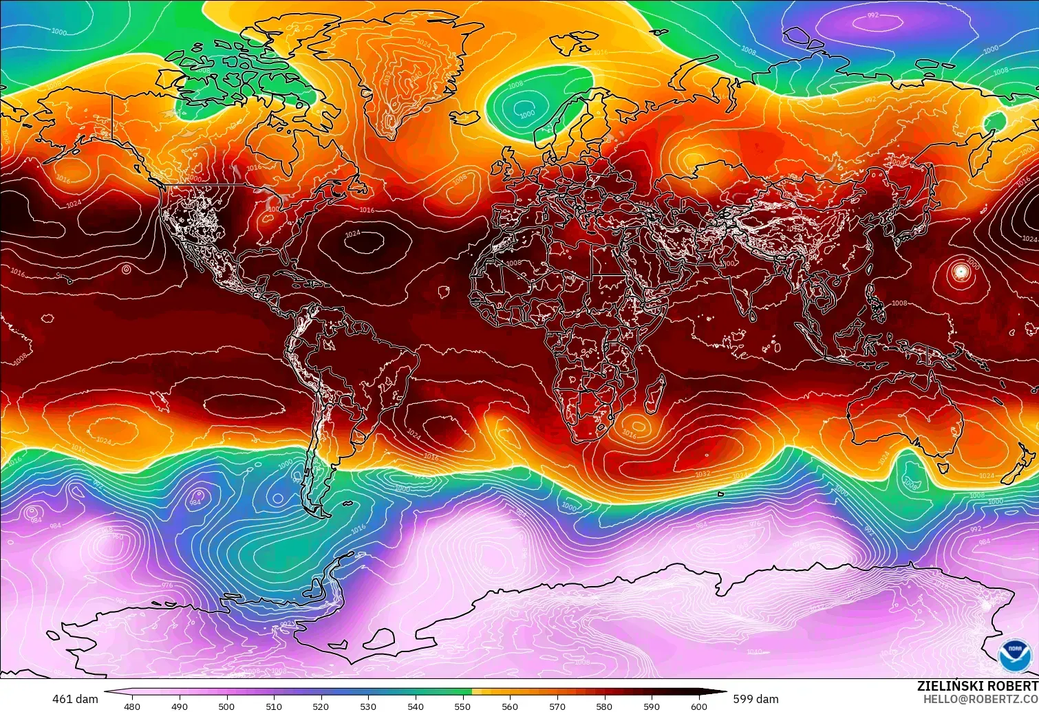 GFS modelo - Mundo, Altura geopotencial a 500 hPa