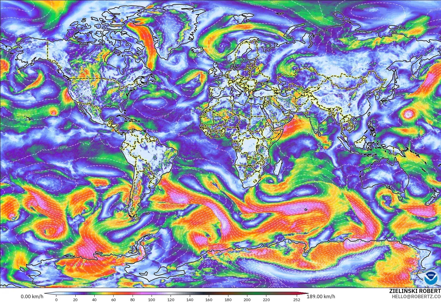 GFS modelo - Mundo, Ráfagas de Viento Máximas