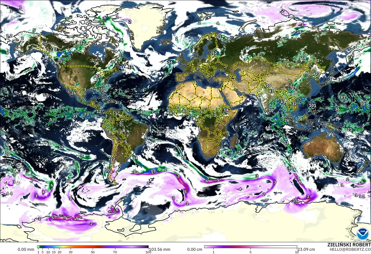 GFS modelo - Mundo, Precipitación, nubes y presión