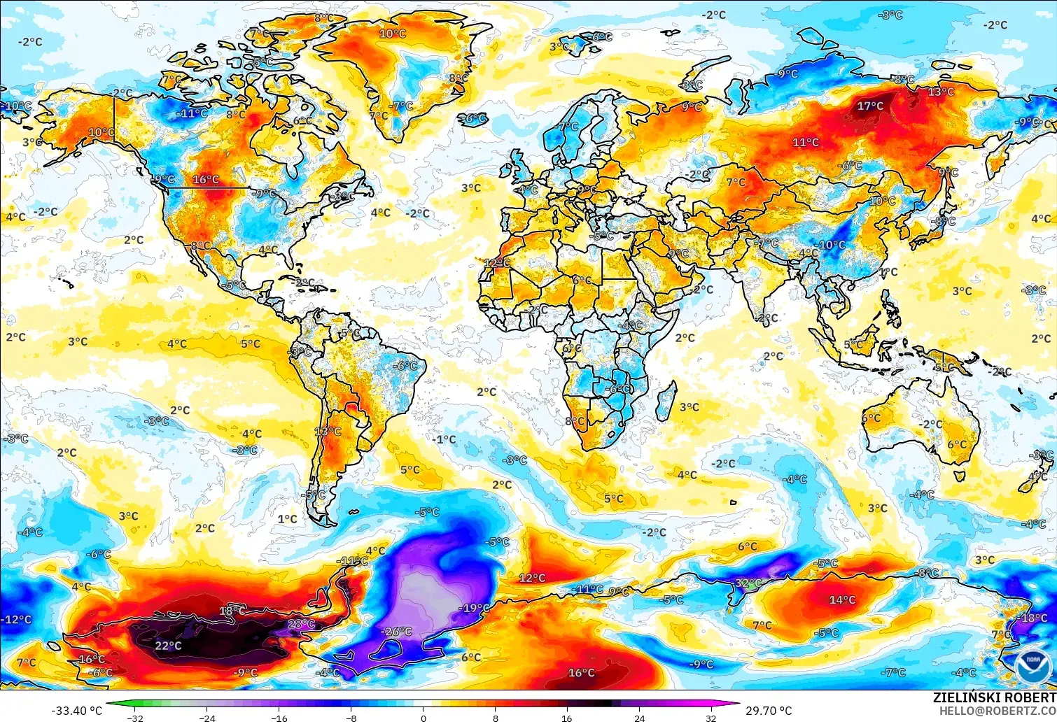 GFS modelo - Mundo, Anomalía de temperatura a 2 m
