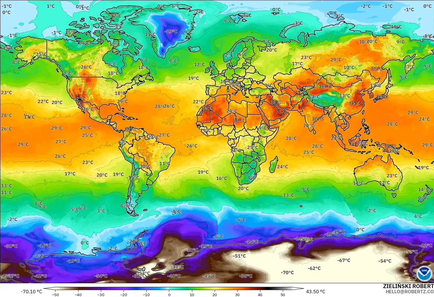 GFS modelo - Mundo, Temperatura a 2 m