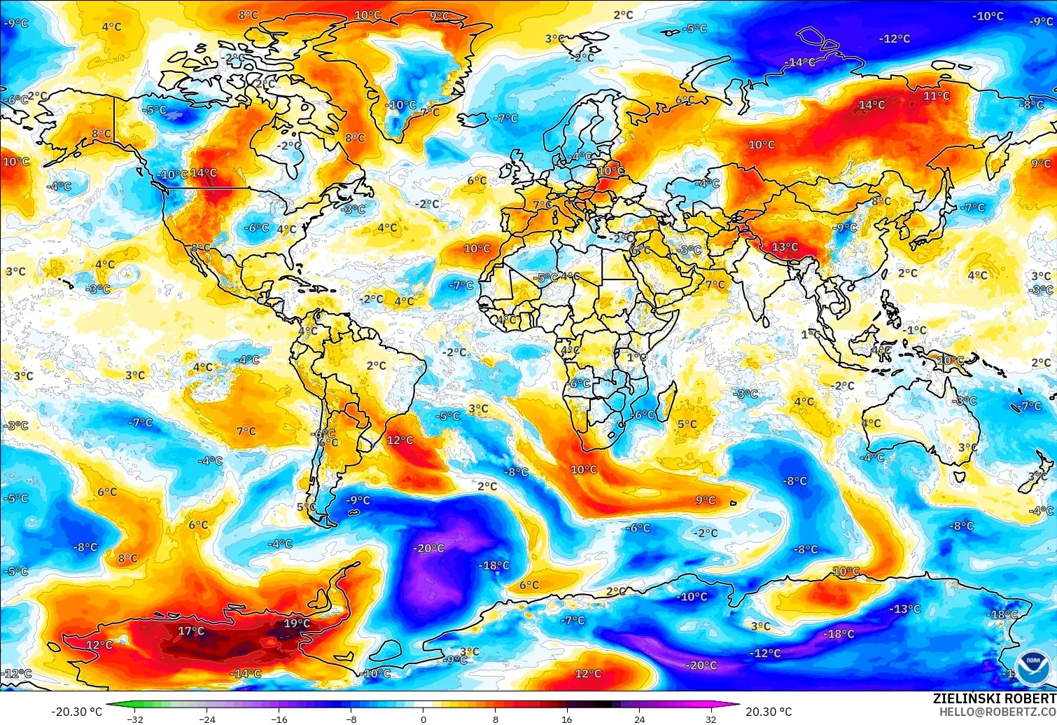 GFS modelo - Mundo, Anomalía de temperatura a 850 hPa
