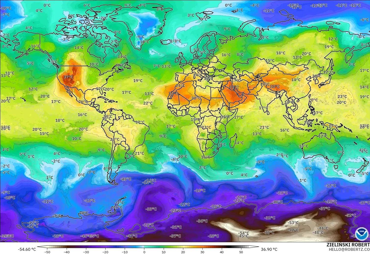 GFS modelo - Mundo, Temperatura a 850 hPa