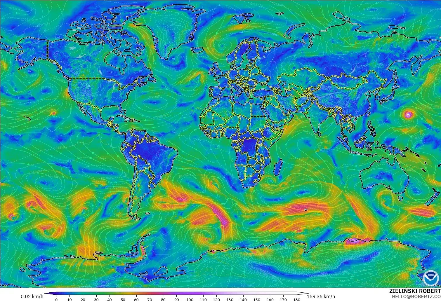 GFS modelo - Mundo, Viento a 10 m