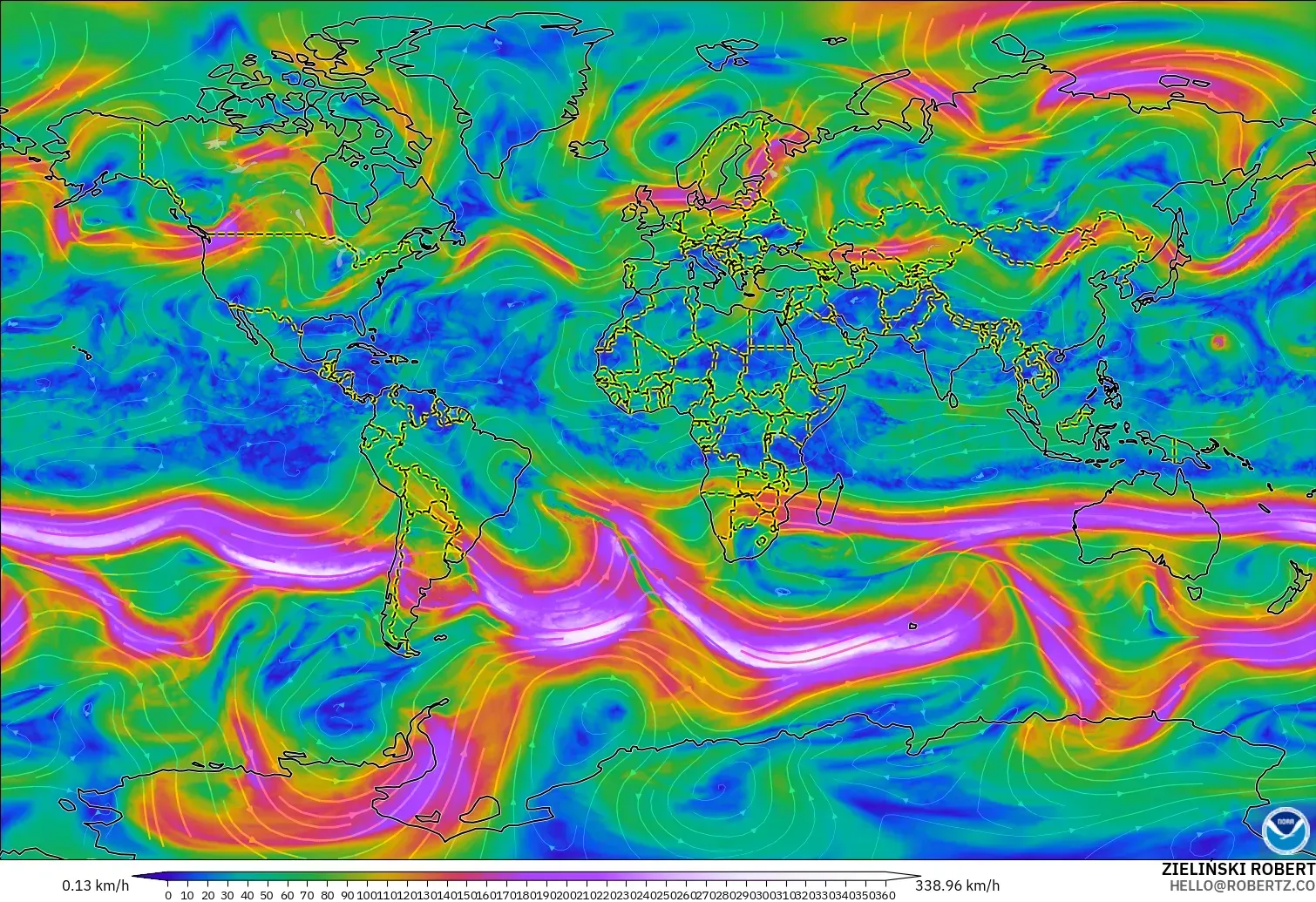 GFS modelo - Mundo, Viento a 300 hPa (corriente en chorro)