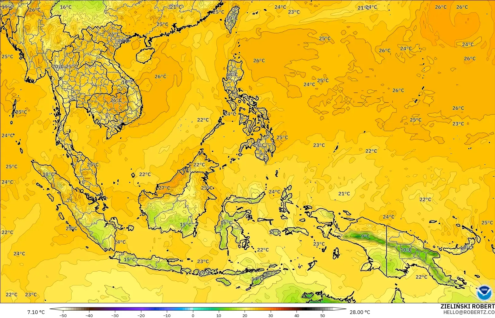 GFS modelo - Sudeste Asiático, Punto de rocío a 2 m