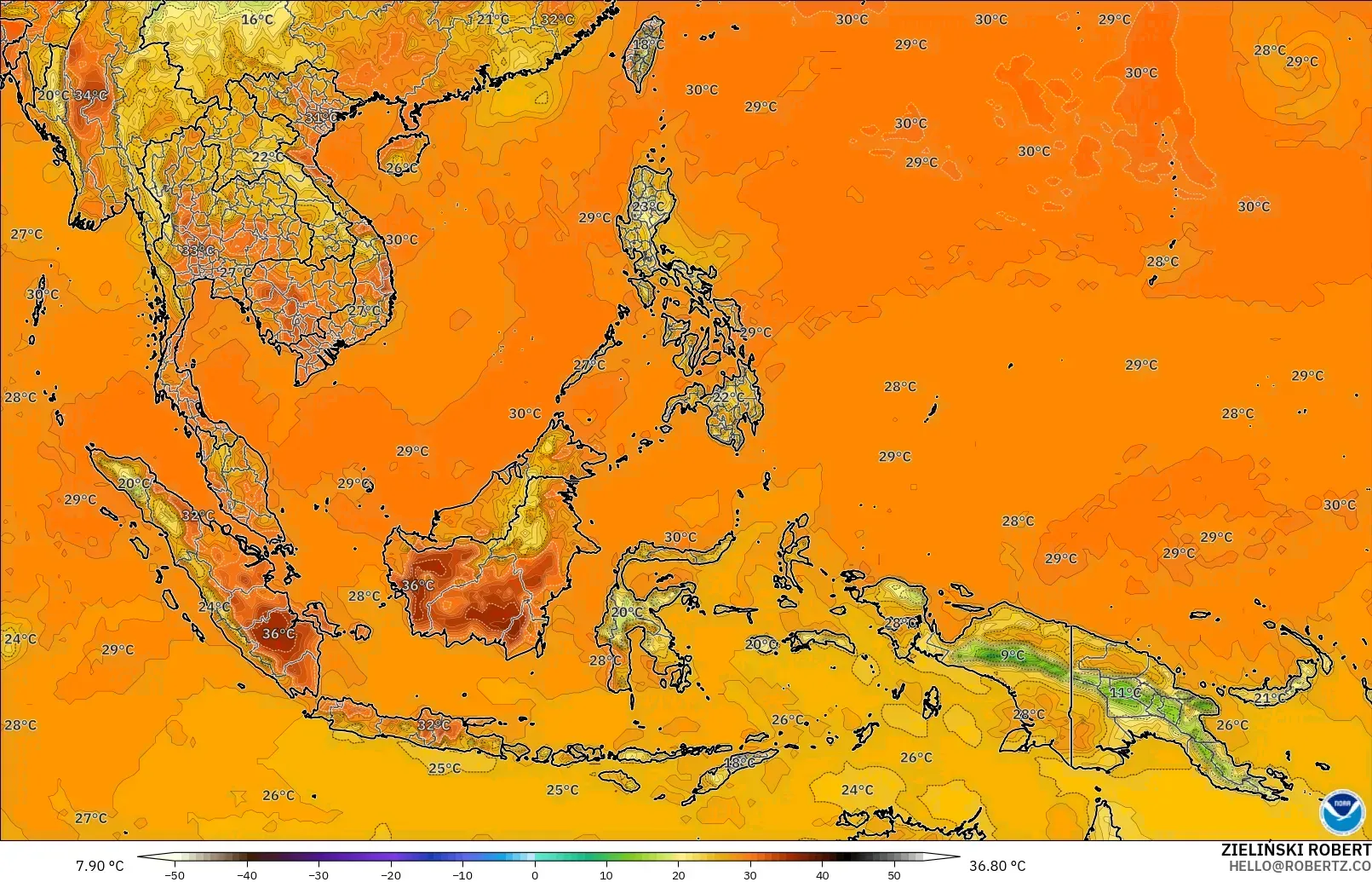 GFS modelo - Sudeste Asiático, Temperatura a 2 m