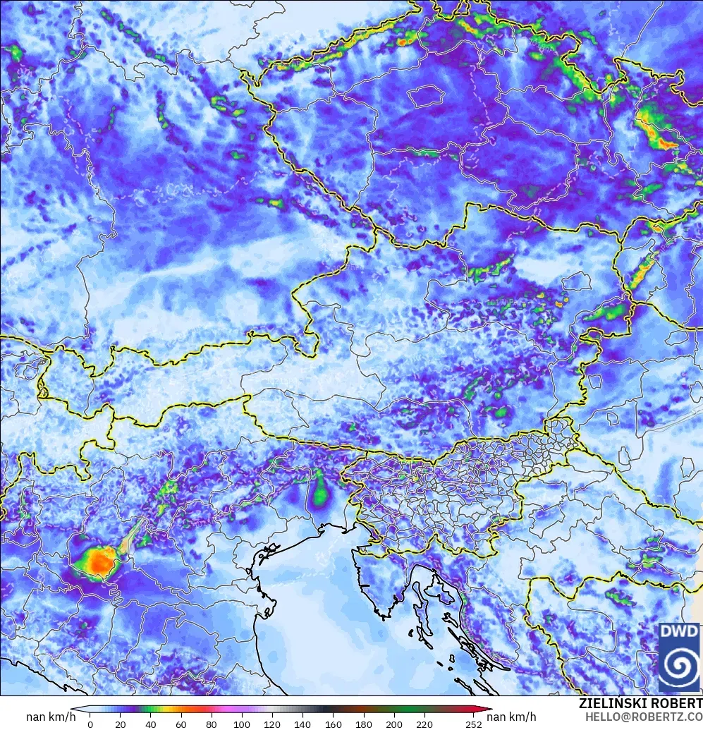 ICON Alemania 2 km modelo - Austria, Ráfagas de Viento Máximas