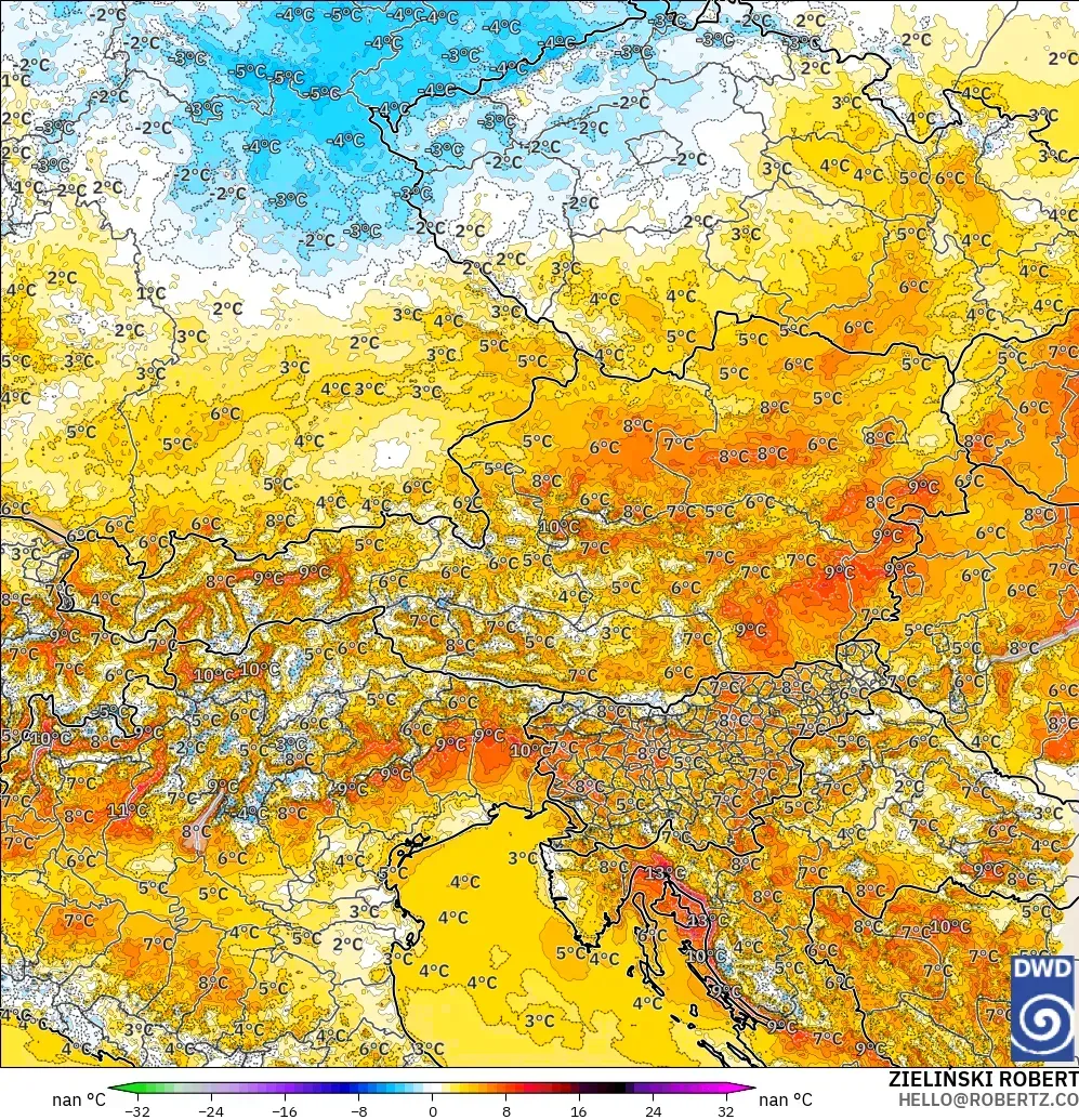 ICON Alemania 2 km modelo - Austria, Anomalía de temperatura a 2 m