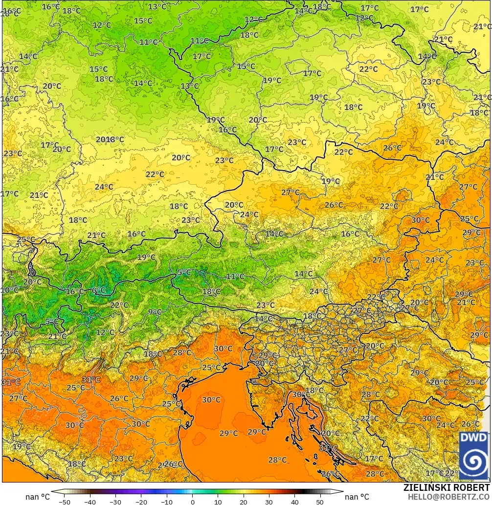 ICON Alemania 2 km modelo - Austria, Temperatura a 2 m