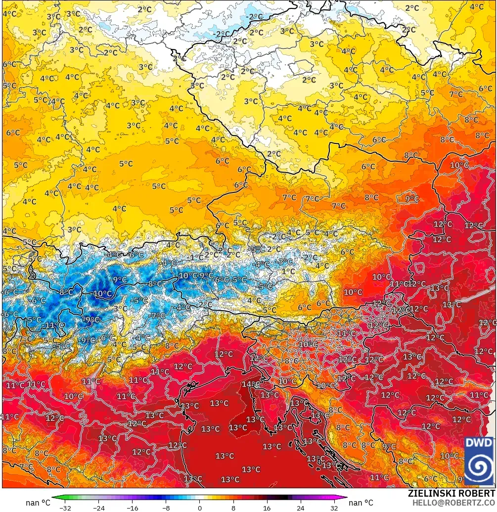 ICON Alemania 2 km modelo - Austria, Anomalía de temperatura a 850 hPa