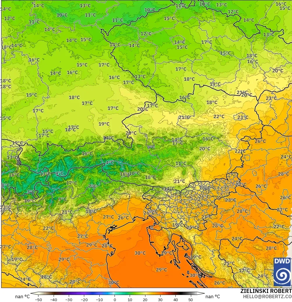 ICON Alemania 2 km modelo - Austria, Temperatura a 850 hPa