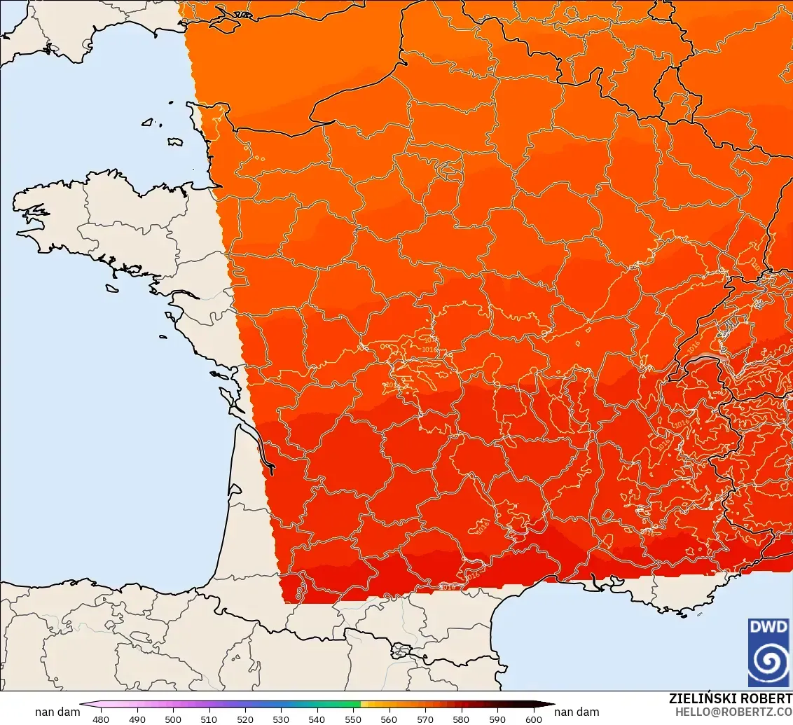ICON Alemania 2 km modelo - Francia, Altura geopotencial a 500 hPa