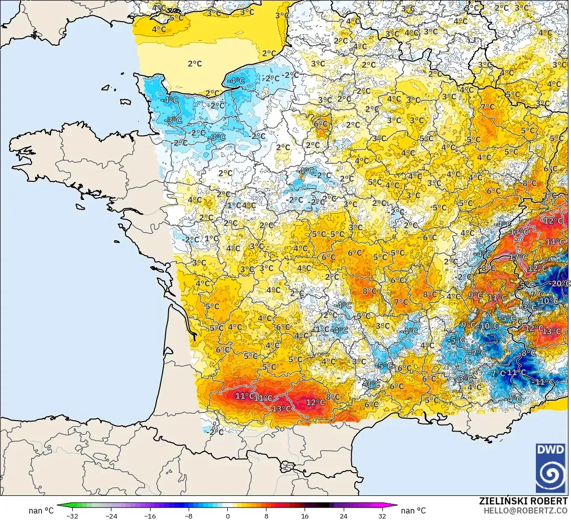 ICON Alemania 2 km modelo - Francia, Anomalía de temperatura a 2 m