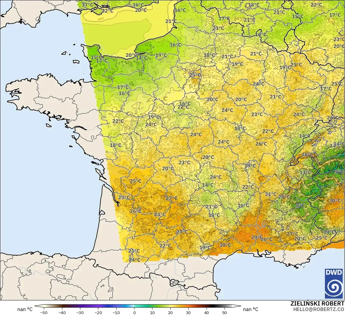 ICON Alemania 2 km modelo - Francia, Temperatura a 2 m