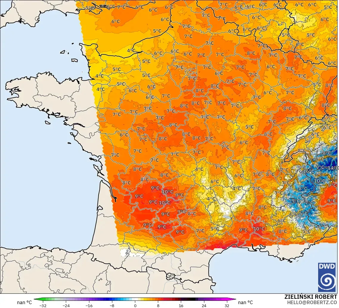 ICON Alemania 2 km modelo - Francia, Anomalía de temperatura a 850 hPa