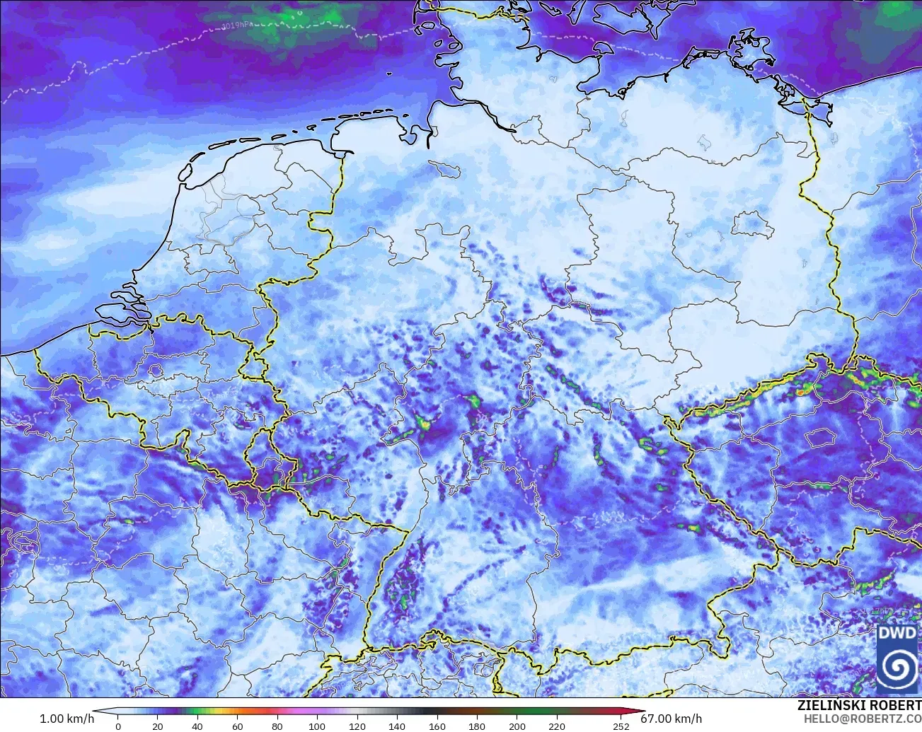 ICON Alemania 2 km modelo - Alemania, Ráfagas de viento