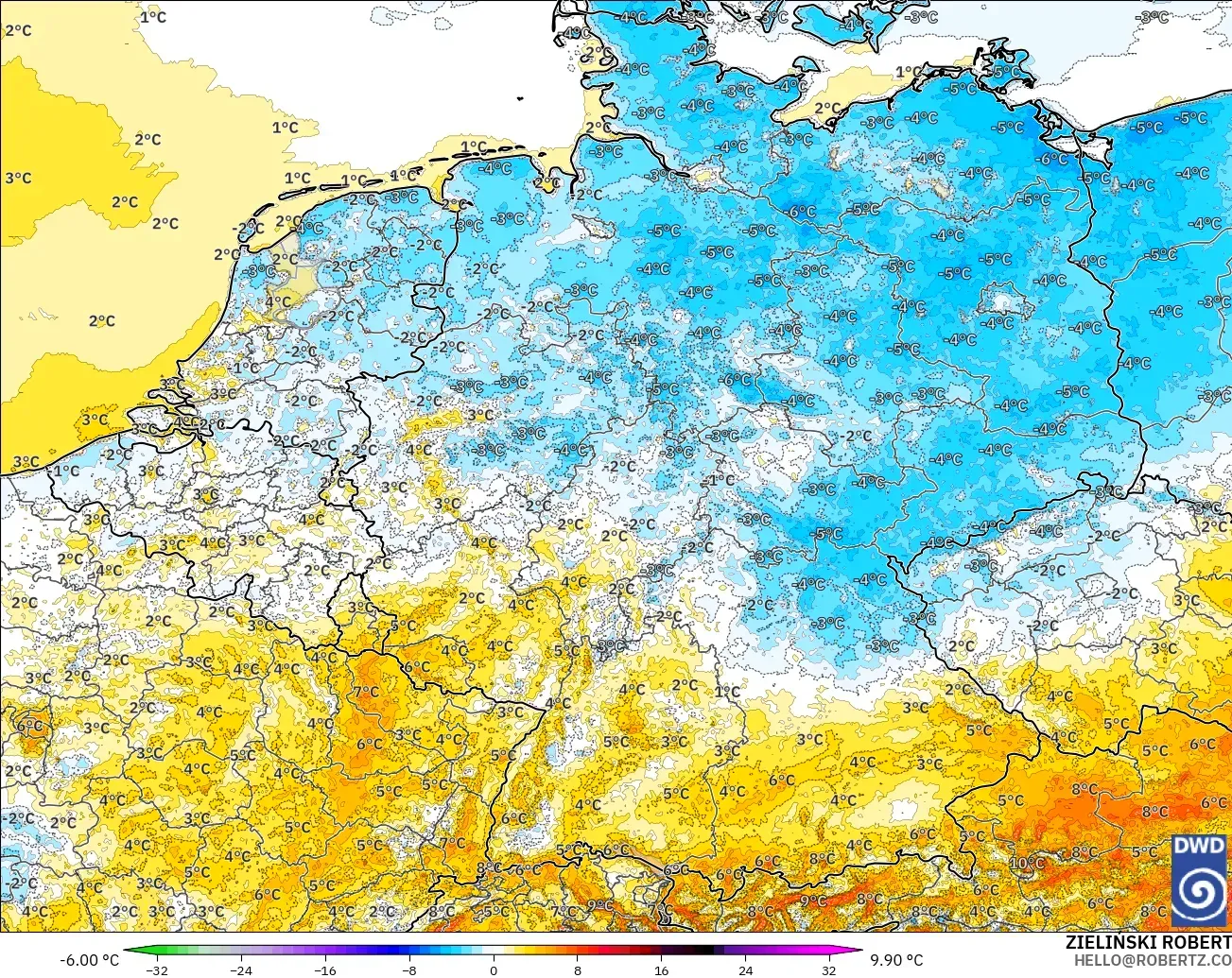 ICON Alemania 2 km modelo - Alemania, Anomalía de temperatura a 2 m