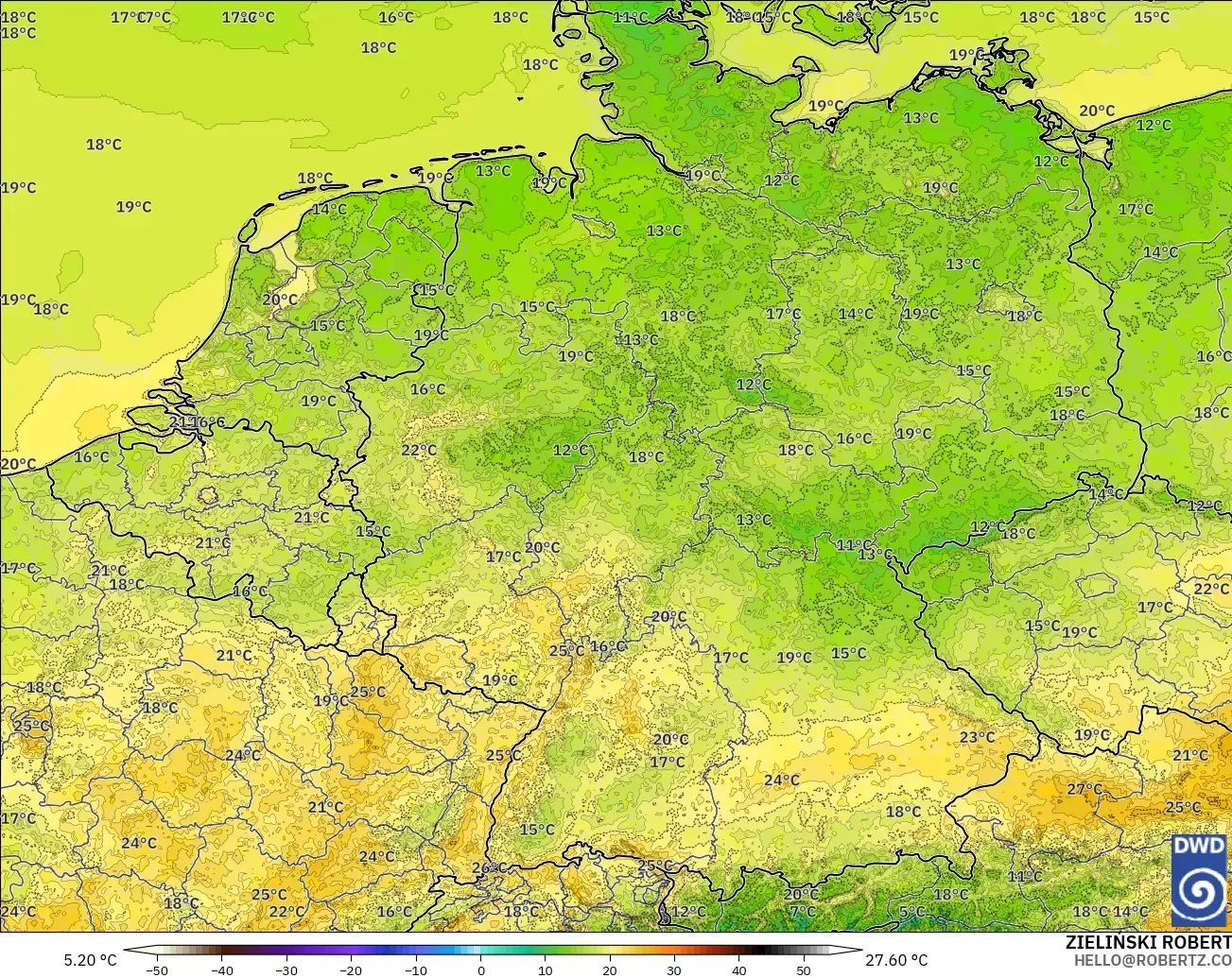 ICON Alemania 2 km modelo - Alemania, Temperatura a 2 m