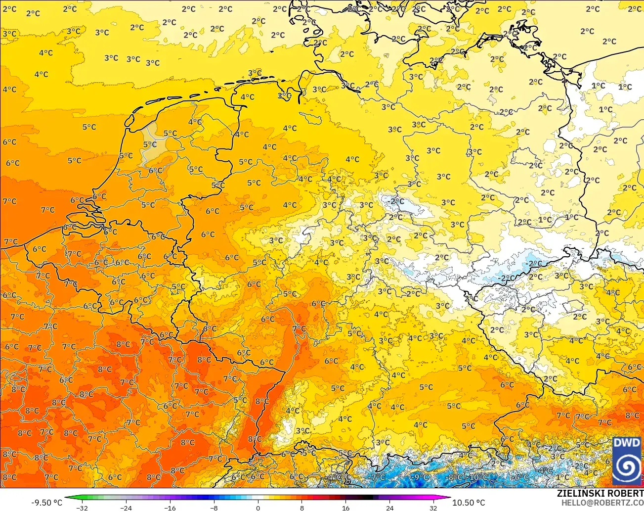 ICON Alemania 2 km modelo - Alemania, Anomalía de temperatura a 850 hPa