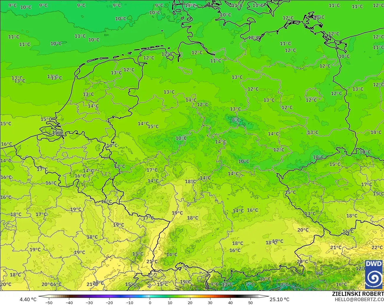 ICON Alemania 2 km modelo - Alemania, Temperatura a 850 hPa
