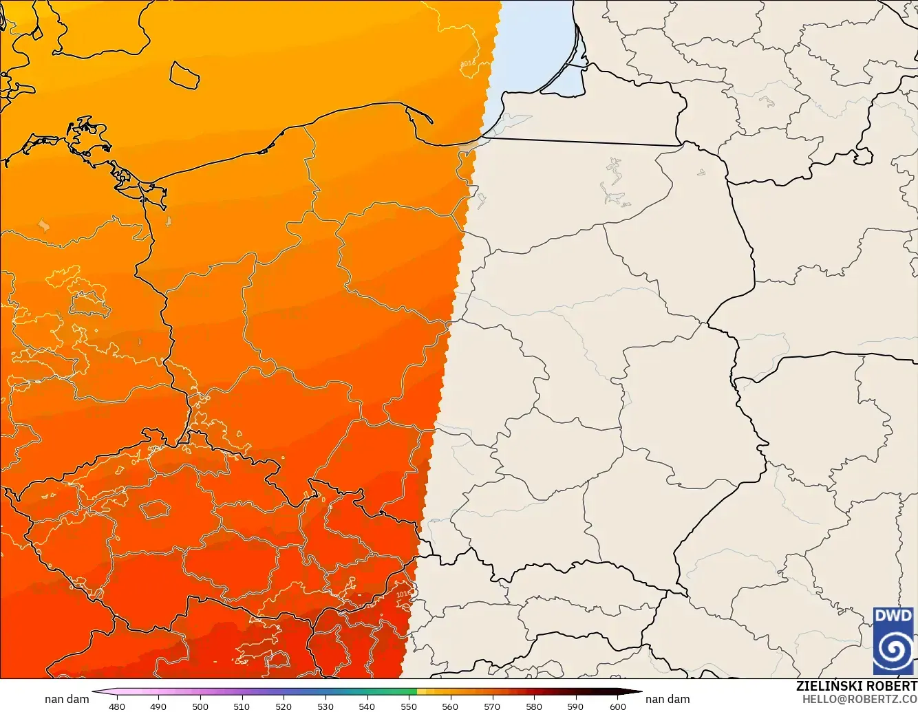 ICON Alemania 2 km modelo - Polonia, Altura geopotencial a 500 hPa