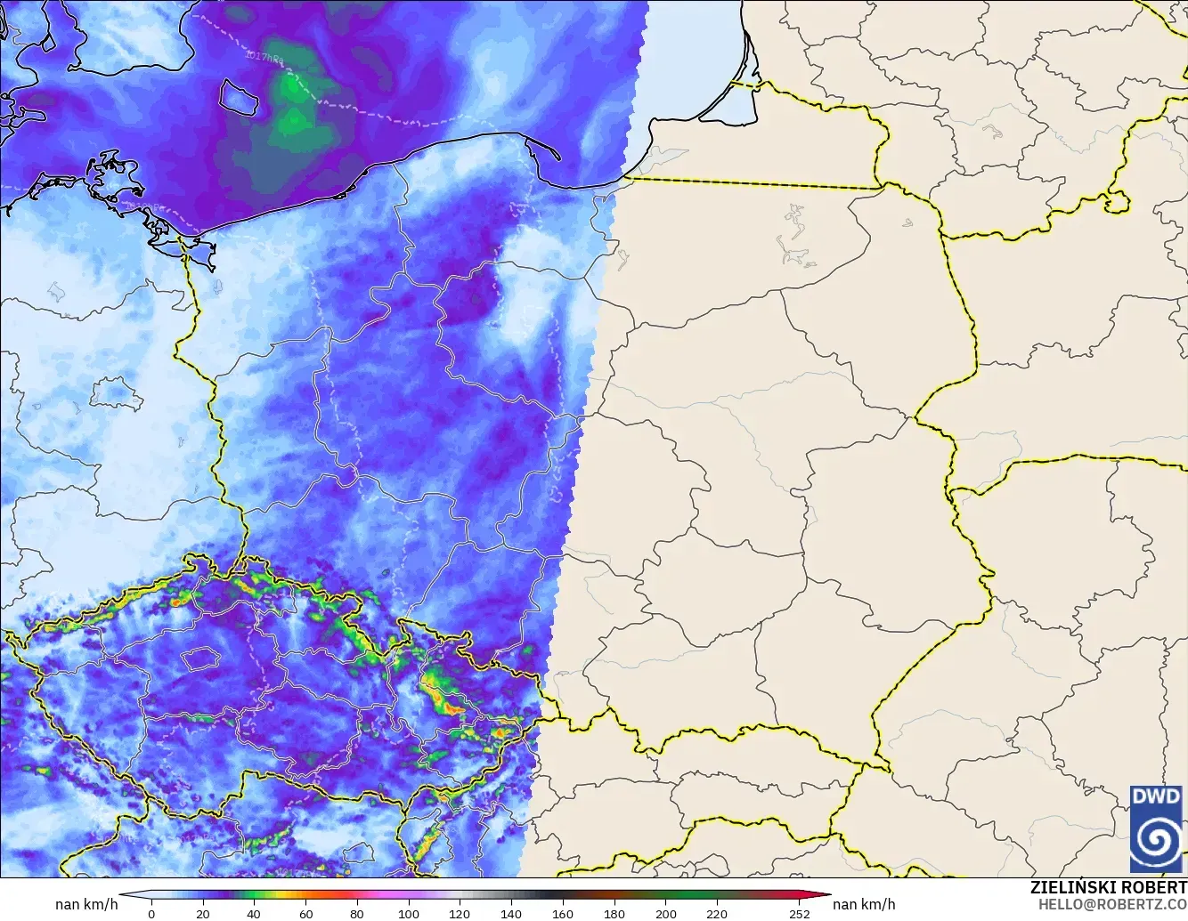 ICON Alemania 2 km modelo - Polonia, Ráfagas de viento