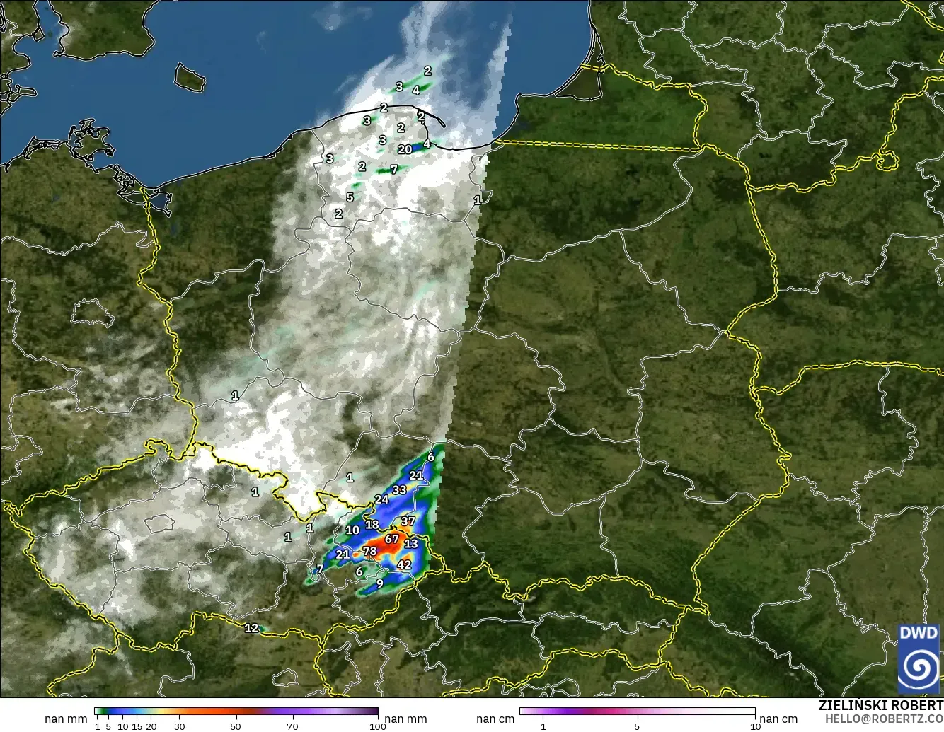 ICON Alemania 2 km modelo - Polonia, Precipitación, nubes y presión
