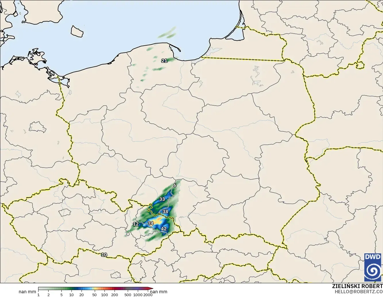 ICON Alemania 2 km modelo - Polonia, Acumulación de precipitación