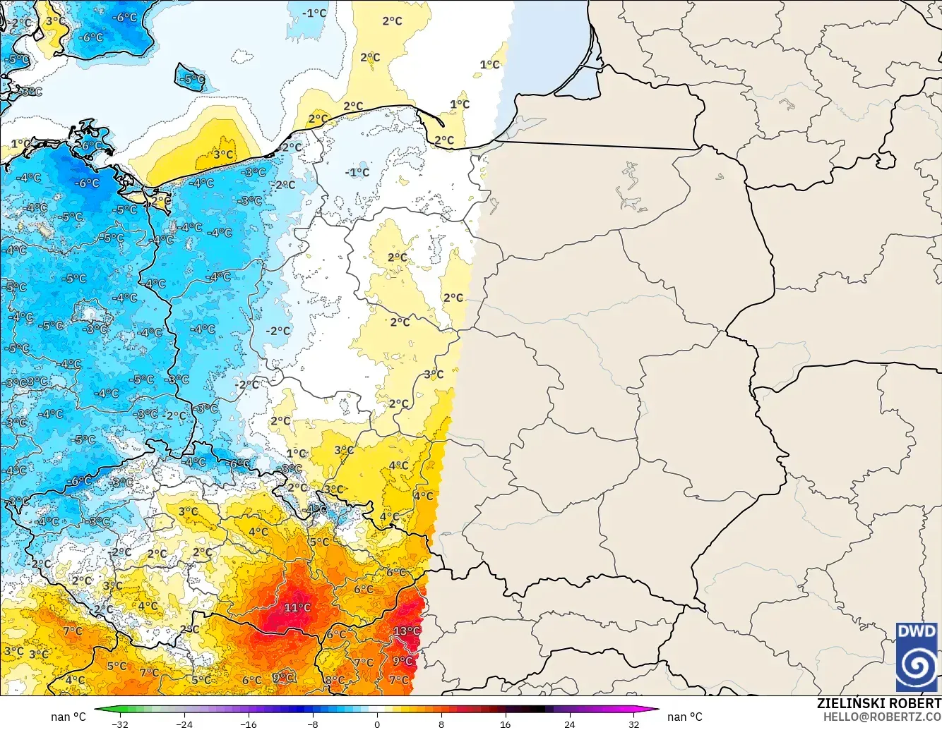 ICON Alemania 2 km modelo - Polonia, Anomalía de temperatura a 2 m