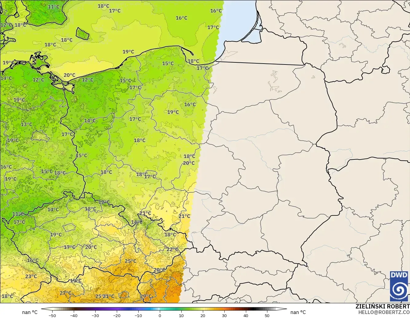 ICON Alemania 2 km modelo - Polonia, Temperatura a 2 m