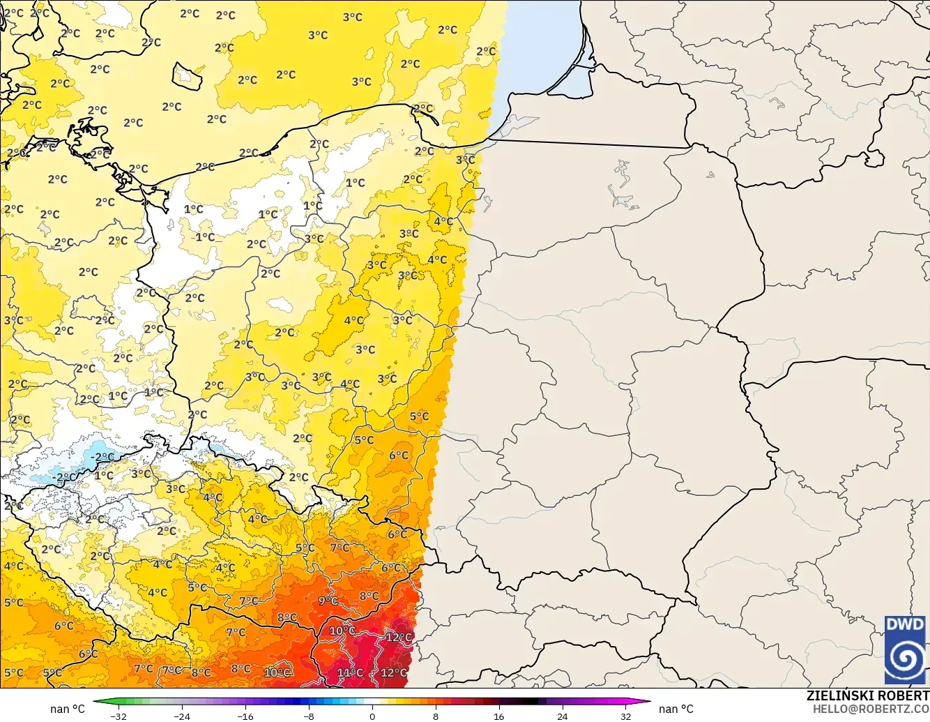 ICON Alemania 2 km modelo - Polonia, Anomalía de temperatura a 850 hPa