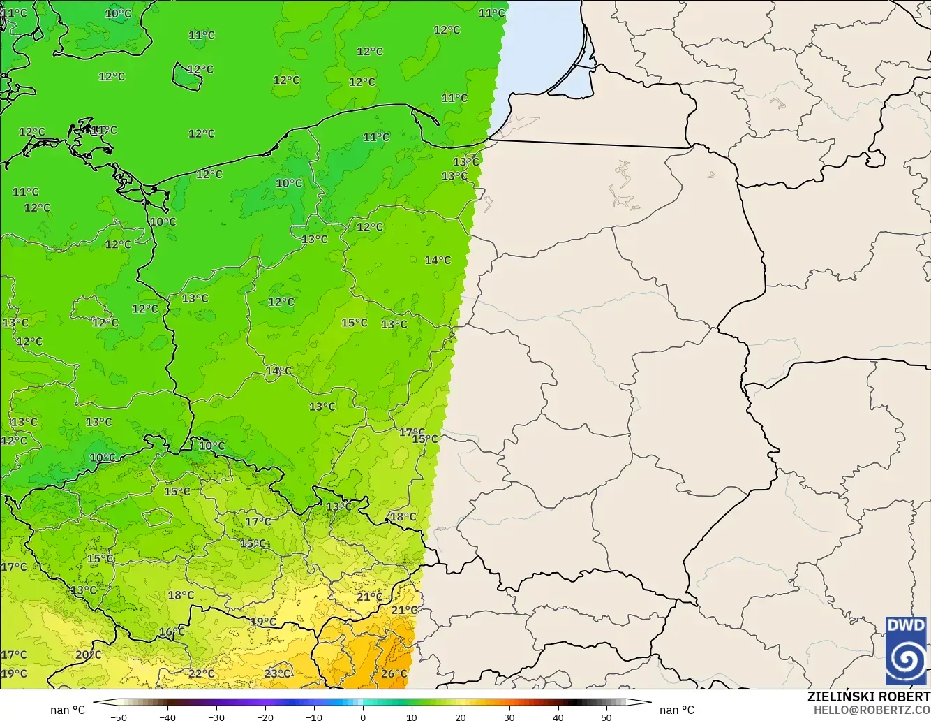ICON Alemania 2 km modelo - Polonia, Temperatura a 850 hPa