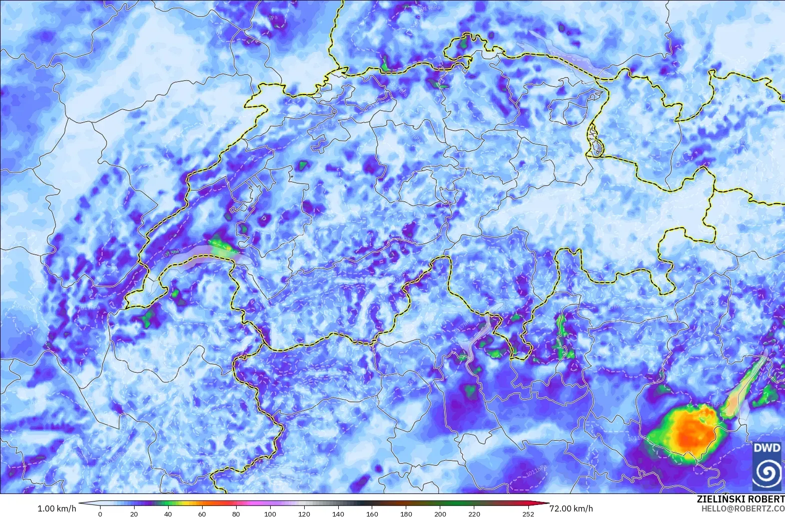 ICON Alemania 2 km modelo - Suiza, Ráfagas de viento
