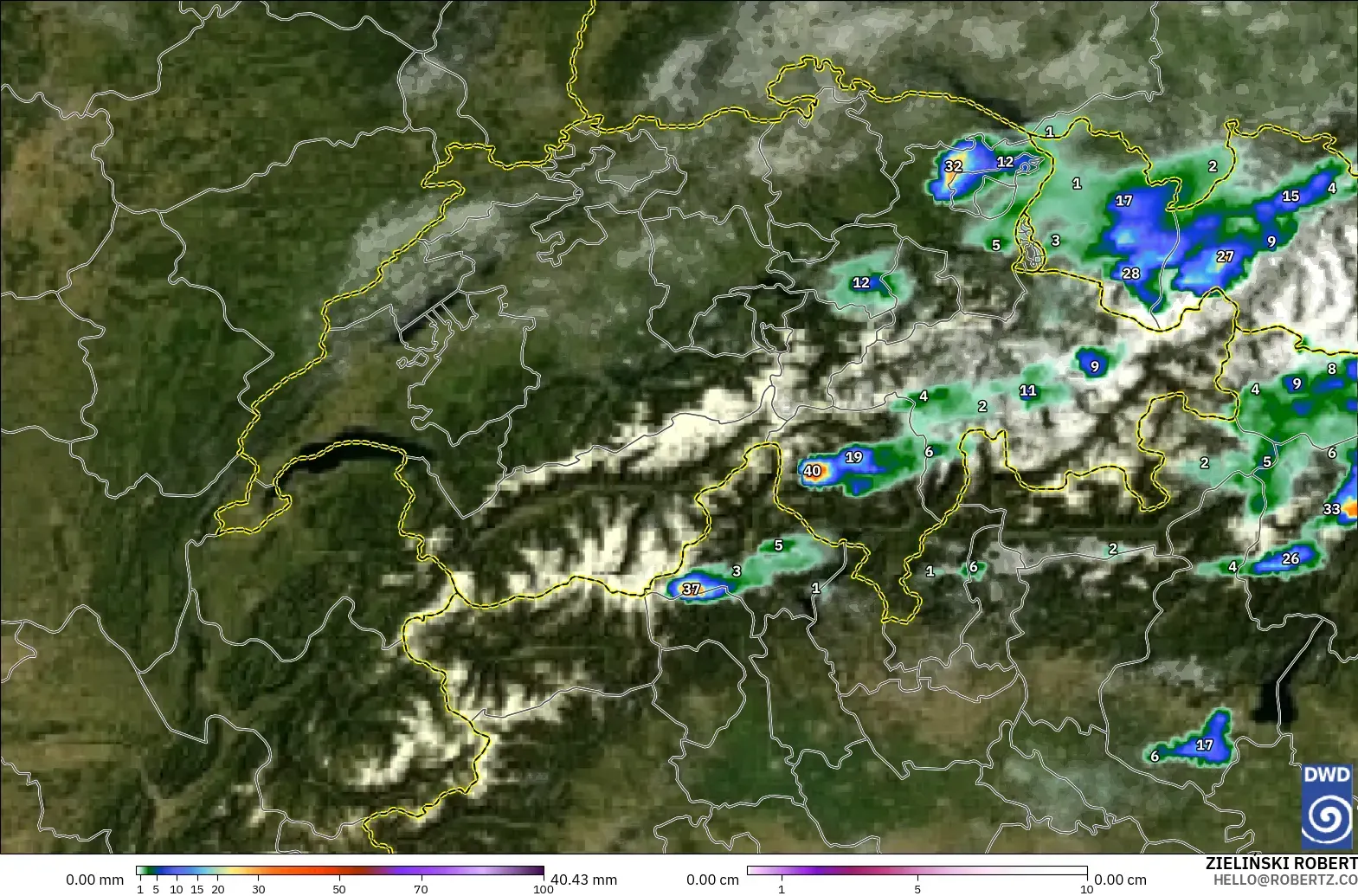 ICON Alemania 2 km modelo - Suiza, Precipitación, nubes y presión