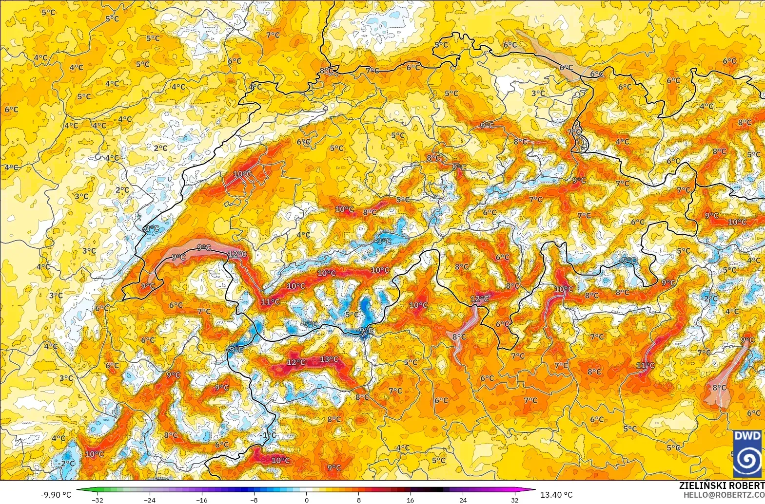 ICON Alemania 2 km modelo - Suiza, Anomalía de temperatura a 2 m