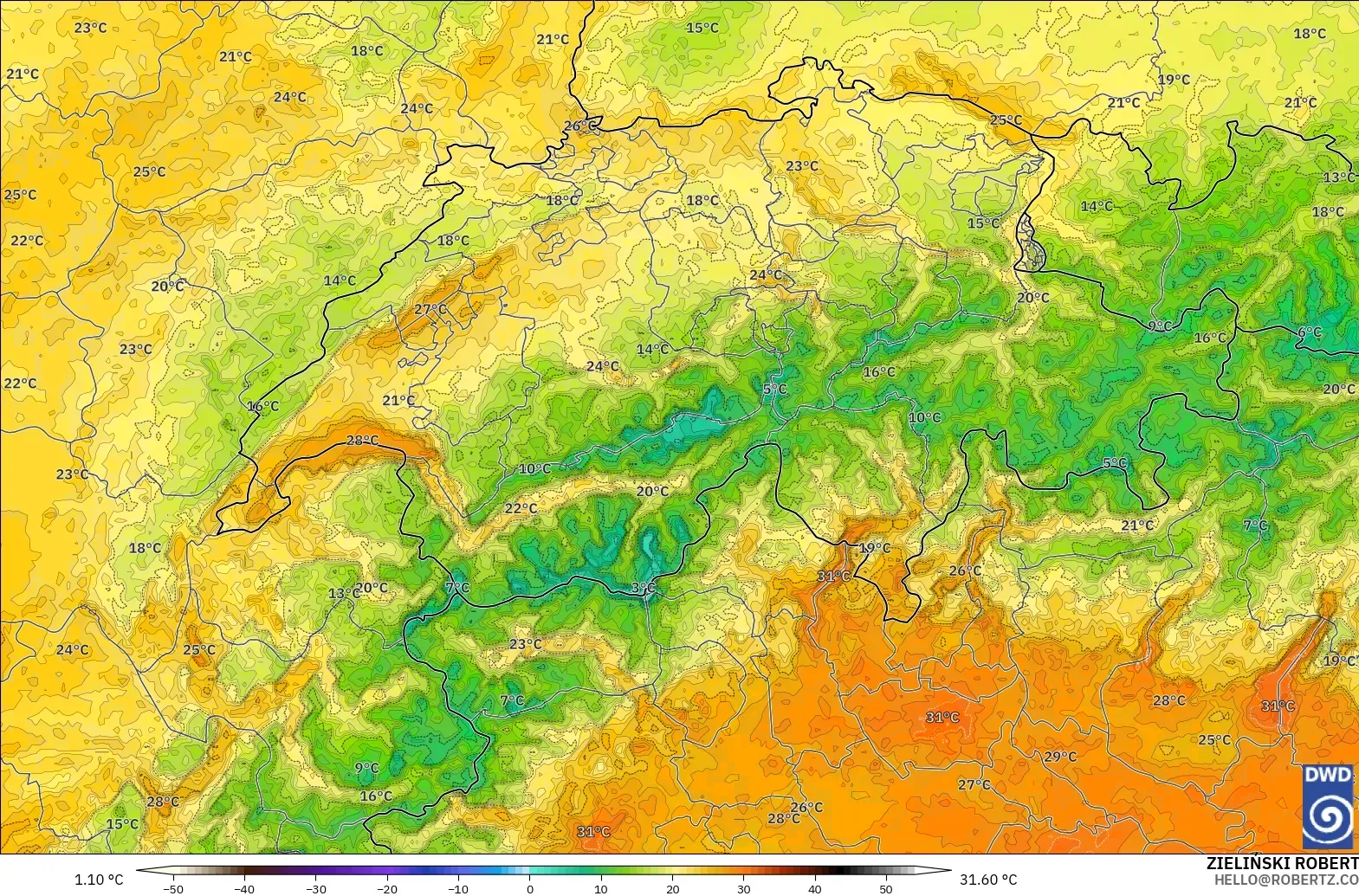 ICON Alemania 2 km modelo - Suiza, Temperatura a 2 m